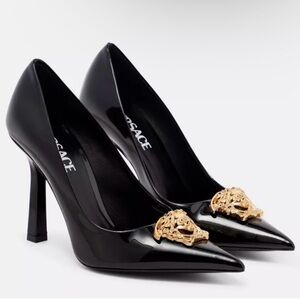 Versace Black Patent Leather Pointed Pumps with Gold Medusa Detail